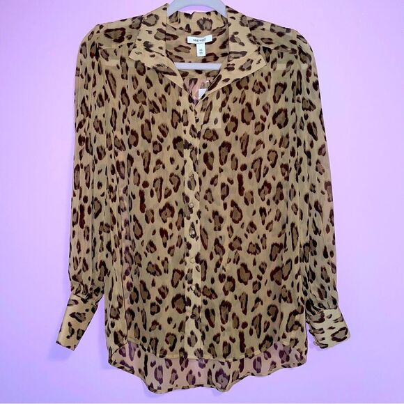 NEW Nine West Blouse XS Cheetah Print Button Collar Long Sleeve Chiffon Top - Picture 1 of 8
